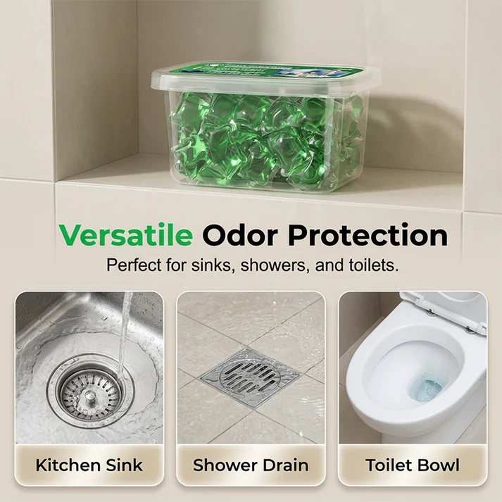 Drain Deodorizer Pods – Bio‑enzyme formula neutralizes smells at the source. Instant fresh scent, no harsh chemicals. Say goodbye to embarrassing odours.